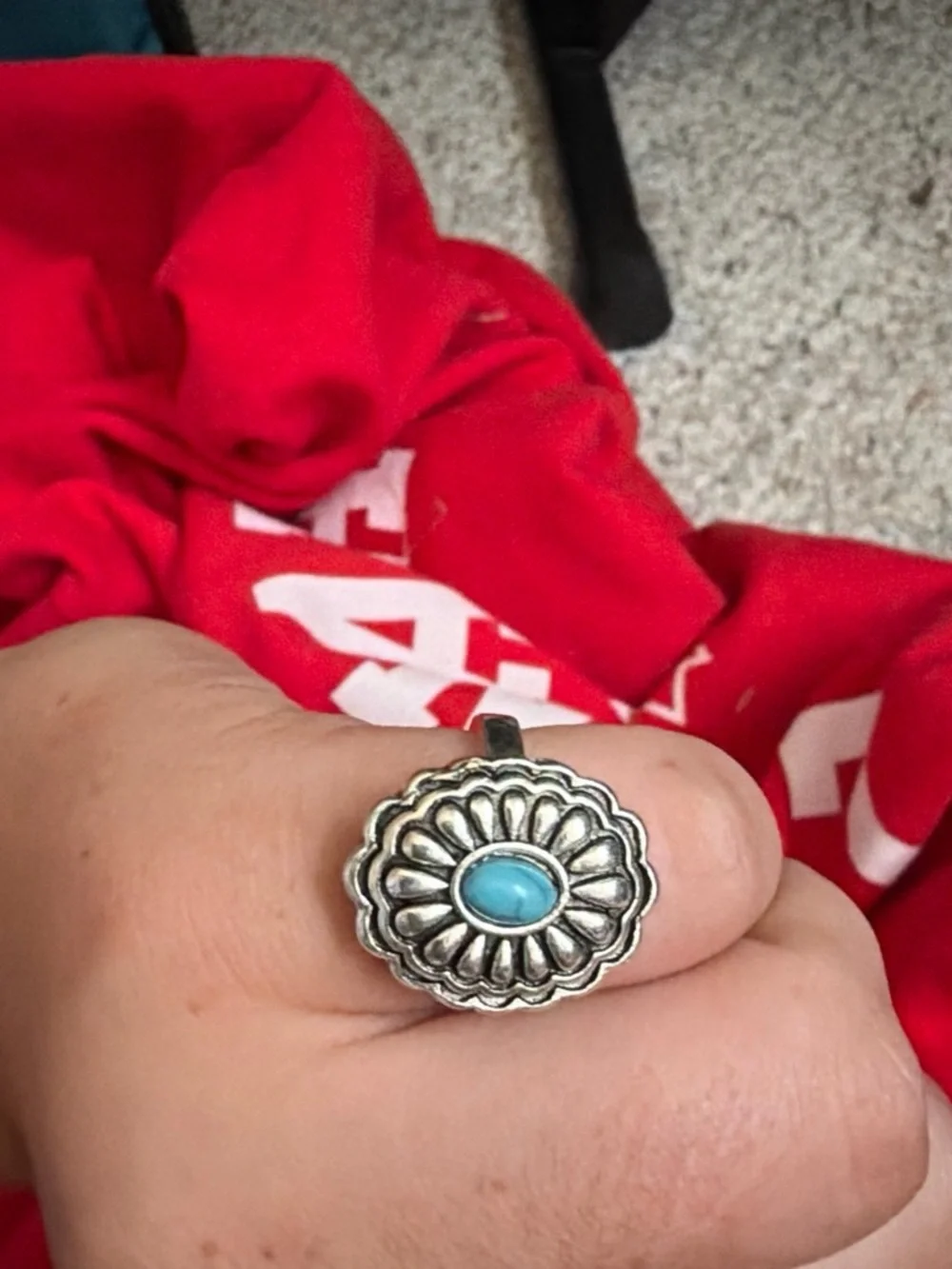 Turquoise Center Silver Floral Ring - Women Jewelry